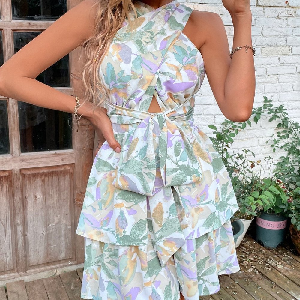 New Plant Print Crisscross Backless Knot Front Layered Hem Dress